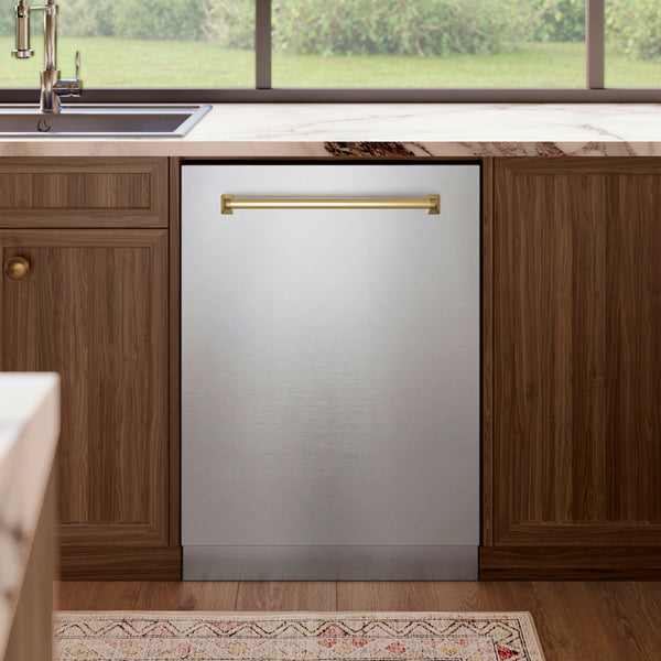 ZLINE Autograph Edition 24 in. Tallac Series 3rd Rack Dishwasher with Auto Door Open Drying, 51dBa, Stainless Steel Panel with Champagne Bronze Handle (DWVZ-304-24-CB)