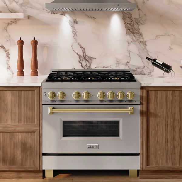 ZLINE Autograph Edition 36 in. 4.6 cu. ft. Legacy Dual Fuel Range with 6 Burner Gas Cooktop and Electric Convection Oven in Stainless Steel and Champagne Bronze Accents (RAZ-36-CB)