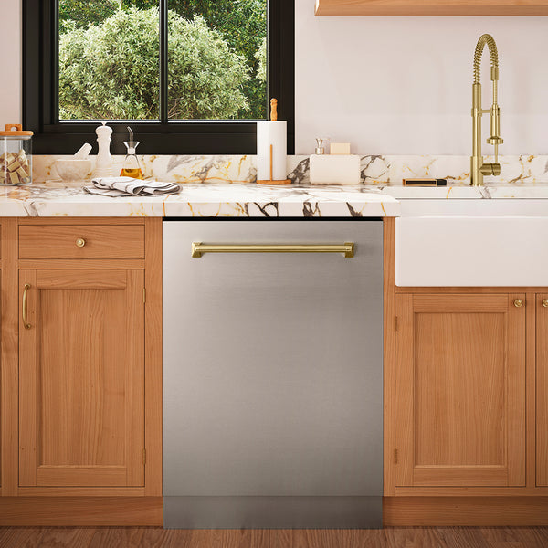 ZLINE Autograph Edition 24 in. Monument Series 3rd Rack Top Touch Control Tall Tub Dishwasher in Stainless Steel with Champagne Bronze Handle, 45dBa (DWMTZ-304-24-CB)