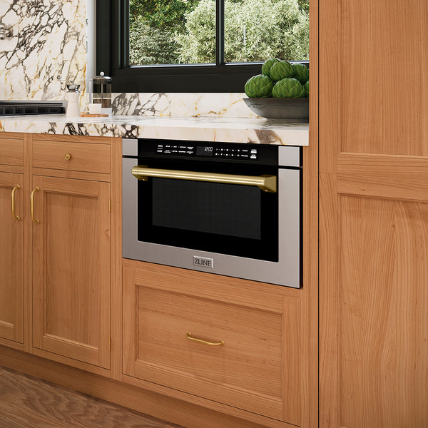ZLINE Autograph Edition 24 in. 1.2 cu. ft. Built-in Microwave Drawer with a Traditional Handle in Stainless Steel and Champagne Bronze Accents (MWDZ-1-H-CB)