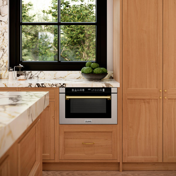 ZLINE Autograph Edition 24 in. 1.2 cu. ft. Built-in Microwave Drawer with a Traditional Handle in Stainless Steel and Champagne Bronze Accents (MWDZ-1-H-CB)
