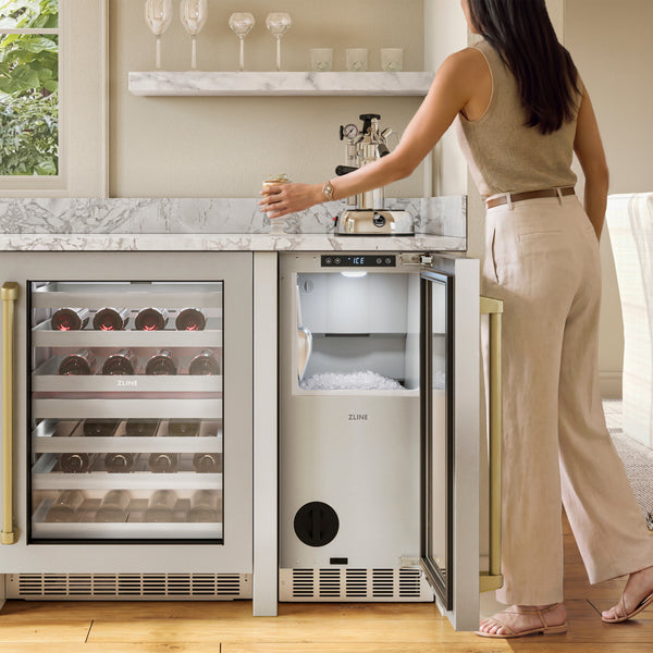ZLINE Autograph Edition 15 in. Touchstone Nugget Ice Maker with Drain Pump and Solid Stainless Steel Door with Champagne Bronze Handle (INGDZ-ST-15-CB)