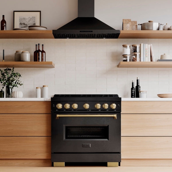ZLINE Autograph Edition 36 in. 5.2 cu. ft. Classic Dual Fuel Range with 6 Burner DuoPro™ Cooktop and Electric Convection Oven in Black Stainless Steel and Champagne Bronze Accents, Open Box-Good Condition