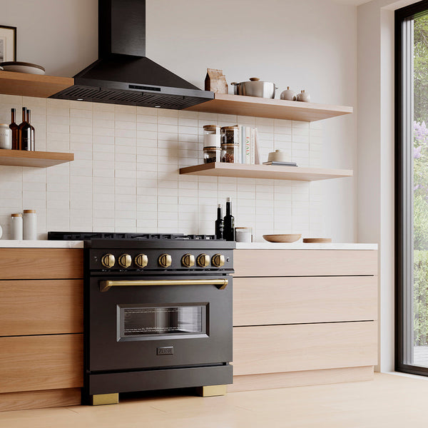 ZLINE Autograph Edition 36 in. 5.2 cu. ft. Classic Gas Range with 6 Burner DuoPro™ Cooktop and Convection Gas Oven in Black Stainless Steel and Champagne Bronze Accents, Open Box-Good Condition