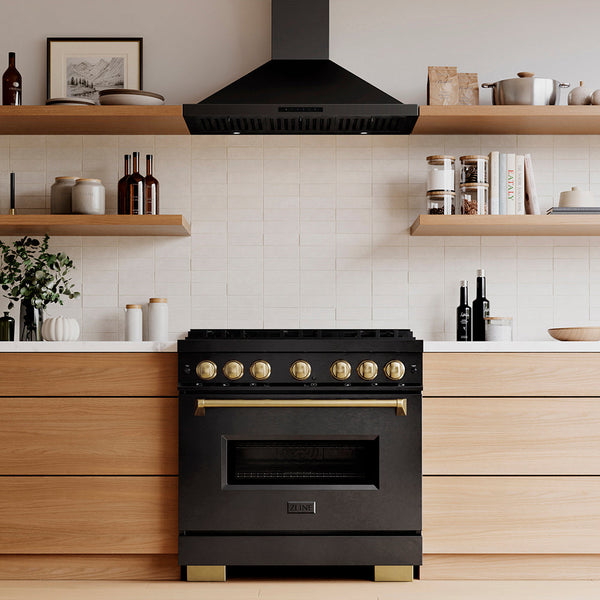 ZLINE Autograph Edition 36 in. 5.2 cu. ft. Classic Gas Range with 6 Burner DuoPro™ Cooktop and Convection Gas Oven in Black Stainless Steel and Champagne Bronze Accents, Open Box-Good Condition