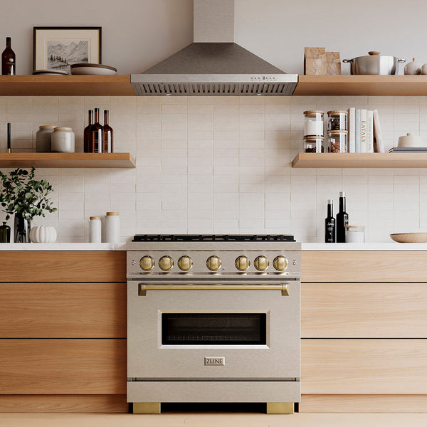 ZLINE Autograph Edition 36 in. 5.2 cu. ft. Classic Gas Range with 6 Burner DuoPro™ Cooktop and Convection Gas Oven in Satin Stainless Steel and Champagne Bronze Accents, Open Box-Good Condition