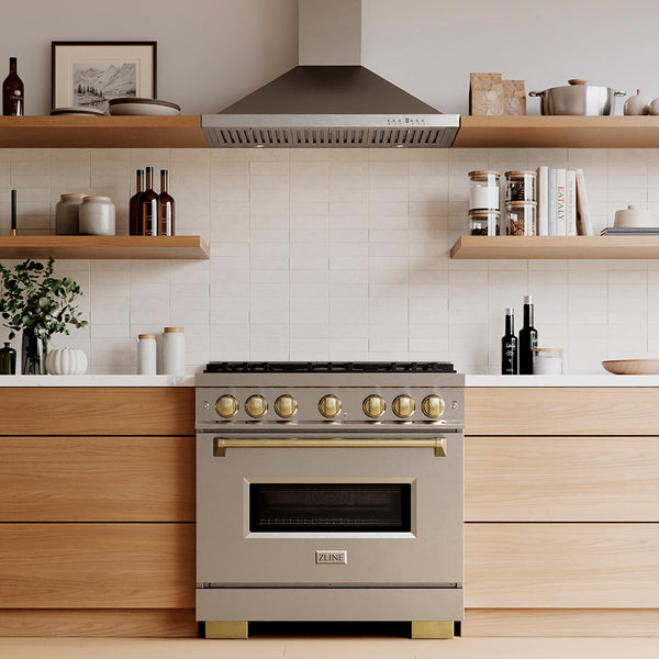ZLINE Autograph Edition 36 in. 5.2 cu. ft. Classic Gas Range with 6 Burner DuoPro™ Cooktop and Convection Gas Oven in Stainless Steel and Champagne Bronze Accents (PCGRZ-36-CB)