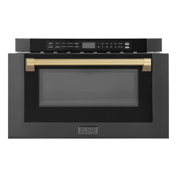 ZLINE Autograph Edition 24" 1.2 cu. ft. Built-in Microwave Drawer in Black Stainless Steel and Champagne Bronze Accents