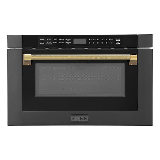 ZLINE Autograph Edition 24 in. 1.2 cu. ft. Built-in Microwave Drawer in Black Stainless Steel and Polished Gold Helix Handle (MWDZ-1-BS-H-KG)
