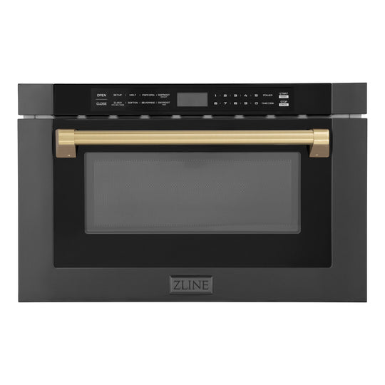 ZLINE Autograph Edition 24" 1.2 cu. ft. Built-in Microwave Drawer in Black Stainless Steel and Champagne Bronze Accents (MWDZ-1-BS-H-CB)