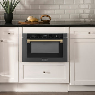 ZLINE Autograph Edition 24" 1.2 cu. ft. Built-in Microwave Drawer in Black Stainless Steel and Champagne Bronze Accents (MWDZ-1-BS-H-CB)