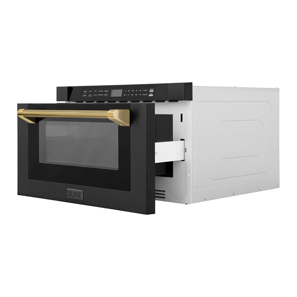 ZLINE Autograph Edition 24 in. 1.2 cu. ft. Built-in Microwave Drawer in Black Stainless Steel and Polished Gold Helix Handle (MWDZ-1-BS-H-KG)