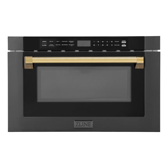 ZLINE Autograph Edition 24" 1.2 cu. ft. Built-in Microwave Drawer in Black Stainless Steel and Polished Gold  Accents (MWDZ-1-BS-H-G)