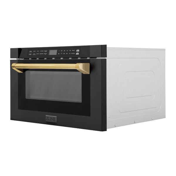 ZLINE Autograph Edition 24" 1.2 cu. ft. Built-in Microwave Drawer in Black Stainless Steel and Polished Gold  Accents (MWDZ-1-BS-H-G)