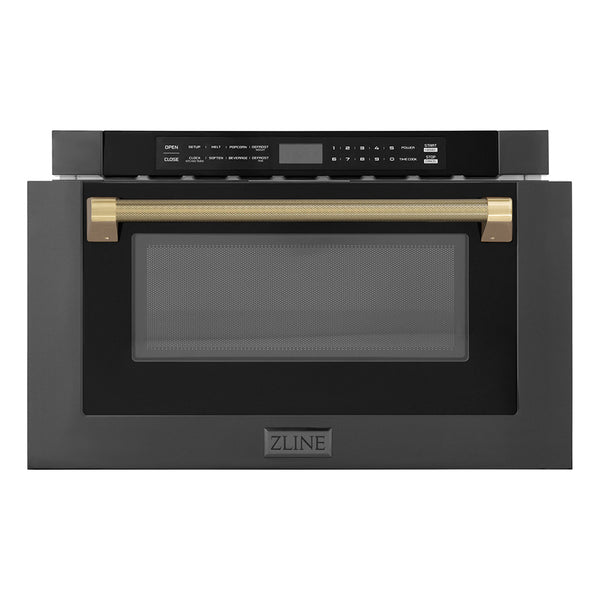 ZLINE Autograph Edition 24 in. 1.2 cu. ft. Built-in Microwave Drawer in Black Stainless Steel and Champagne Bronze Helix Handle (MWDZ-1-BS-H-KCB)