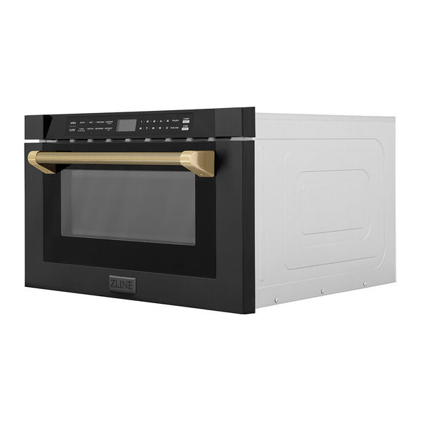 ZLINE Autograph Edition 24 in. 1.2 cu. ft. Built-in Microwave Drawer in Black Stainless Steel and Champagne Bronze Helix Handle (MWDZ-1-BS-H-KCB)