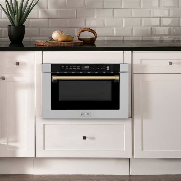ZLINE Autograph Edition 24" 1.2 cu. ft. Built-in Microwave Drawer with a Traditional Handle in Stainless Steel and Champagne Bronze Accents (MWDZ-1-H-CB)