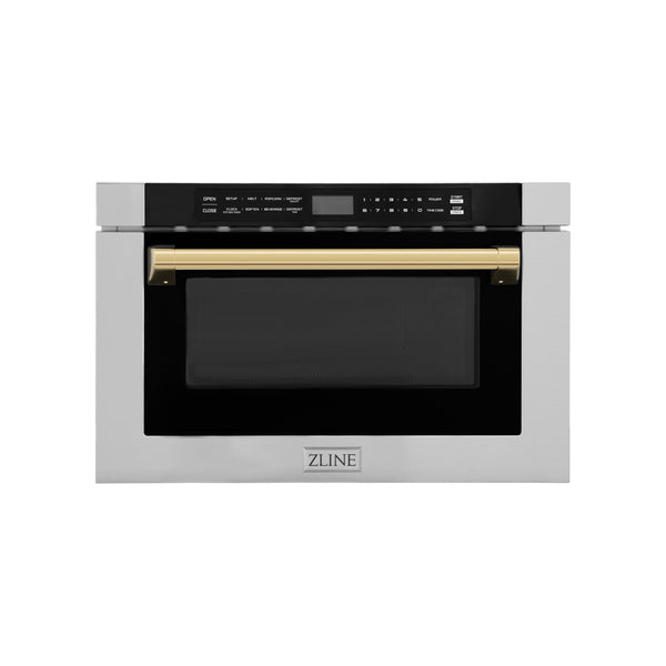 ZLINE Autograph Edition 24" 1.2 cu. ft. Built-in Microwave Drawer with a Traditional Handle in Stainless Steel and Polished Gold  Accents (MWDZ-1-H-G)