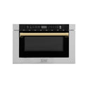 ZLINE Autograph Edition 24 in. 1.2 cu. ft. Built-in Microwave Drawer with a Traditional Handle in Stainless Steel and Polished Gold Accents (MWDZ-1-H-G) front.