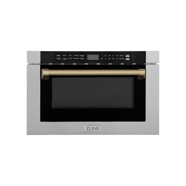 ZLINE Autograph Edition 24" 1.2 cu. ft. Built-in Microwave Drawer with a Traditional Handle in DuraSnow and Champagne Bronze Accents (MWDZ-1-SS-H-CB)