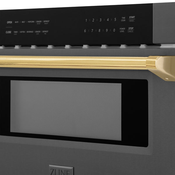 ZLINE Autograph Edition 30" 1.2 cu. ft. Built-in Microwave Drawer in Black Stainless Steel and Polished Gold Accents (MWDZ-30-BS-G)