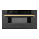 ZLINE Autograph Edition 30 in. 1.2 cu. ft. Built-in Microwave Drawer in Black Stainless Steel with Polished Gold Accents (MWDZ-30-BS-G) front.