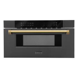ZLINE Autograph Edition 30 in. 1.2 cu. ft. Built-in Microwave Drawer in Black Stainless Steel with Polished Gold Accents (MWDZ-30-BS-G) front.