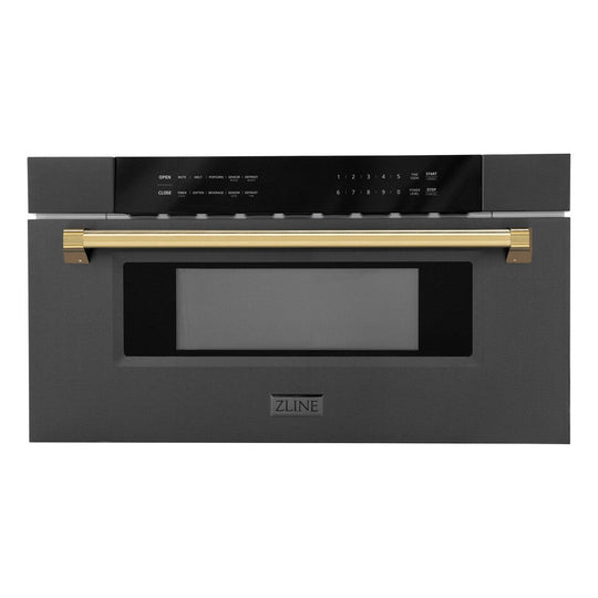 ZLINE Autograph Edition 30 in. 1.2 cu. ft. Built-in Microwave Drawer in Black Stainless Steel with Polished Gold Accents (MWDZ-30-BS-G)