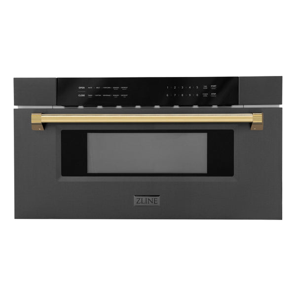 ZLINE Autograph Edition 30" 1.2 cu. ft. Built-in Microwave Drawer in Black Stainless Steel and Polished Gold Accents (MWDZ-30-BS-G)