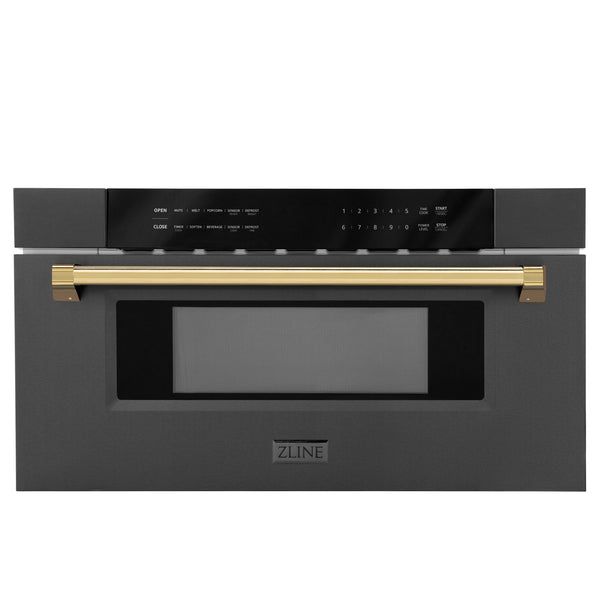 ZLINE Autograph Edition 30" 1.2 cu. ft. Built-in Microwave Drawer in Black Stainless Steel and Polished Gold Accents (MWDZ-30-BS-G)