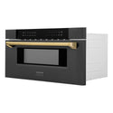 ZLINE Autograph Edition 30 in. 1.2 cu. ft. Built-in Microwave Drawer in Black Stainless Steel with Polished Gold Accents (MWDZ-30-BS-G) side, closed.