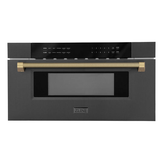 ZLINE Autograph Edition 30 in. 1.2 cu. ft. Built-in Microwave Drawer in Black Stainless Steel and Champagne Bronze Helix Handle (MWDZ-30-BS-KCB)