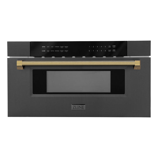 ZLINE Autograph Edition 30 in. 1.2 cu. ft. Built-in Microwave Drawer in Black Stainless Steel and Polished Gold Helix Handle (MWDZ-30-BS-KG)