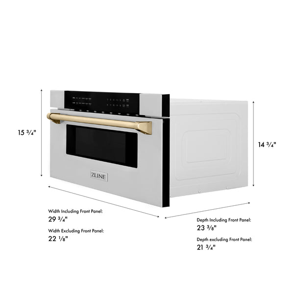 ZLINE Autograph Edition 30 in. 1.2 cu. ft. Built-In Microwave Drawer in Stainless Steel with Polished Gold Accents (MWDZ-30-G)
