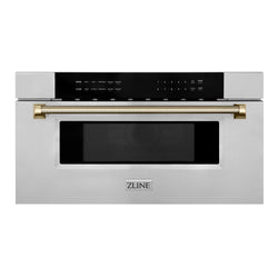 ZLINE Autograph Edition 30 in. 1.2 cu. ft. Built-in Microwave Drawer in Stainless Steel and Polished Gold Helix Handle (MWDZ-30-KG)