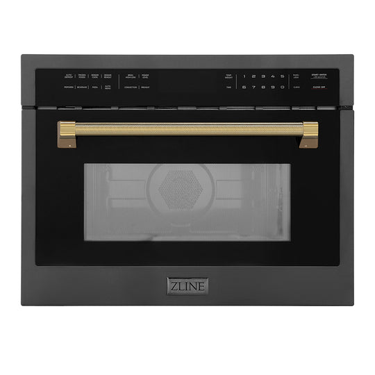 ZLINE Autograph Edition 24 in. 1.6 cu ft. Built-in Convection Microwave Oven in Black Stainless Steel and Polished Gold Helix Handle (MWOZ-24-BS-KG)
