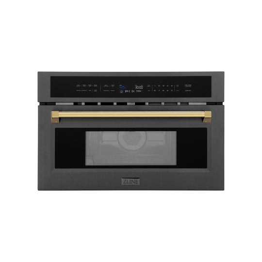 ZLINE Autograph Edition 30” 1.6 cu ft. Built-in Convection Microwave Oven in Black Stainless Steel and Polished Gold  Accents (MWOZ-30-BS-G)