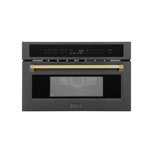 ZLINE Autograph Edition 30” 1.6 cu ft. Built-in Convection Microwave Oven in Black Stainless Steel and Polished Gold  Accents (MWOZ-30-BS-G)