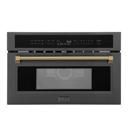ZLINE Autograph Edition 30 in. 1.6 cu ft. Built-in Convection Microwave Oven in Black Stainless Steel and Polished Gold Helix Handle (MWOZ-30-BS-KG)