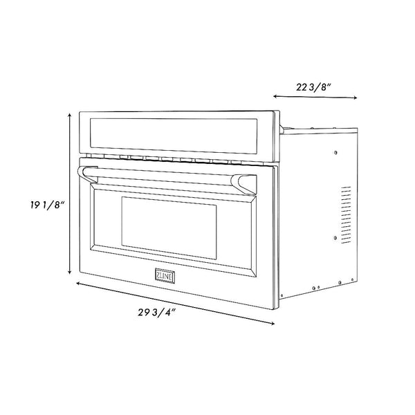 ZLINE Autograph Edition 30 in. 1.6 cu ft. Built-in Convection Microwave Oven in Stainless Steel with Polished Gold Accents (MWOZ-30-G) dimensional diagram with measurements.
