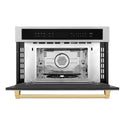 ZLINE Autograph Edition 30 in. 1.6 cu ft. Built-in Convection Microwave Oven in Stainless Steel with Polished Gold Accents (MWOZ-30-G) front, open.