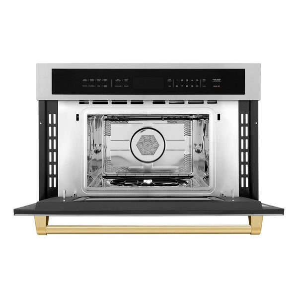 ZLINE Autograph Edition 30 in. 1.6 cu ft. Built-in Convection Microwave Oven in Stainless Steel with Polished Gold Accents (MWOZ-30-G) front, open.