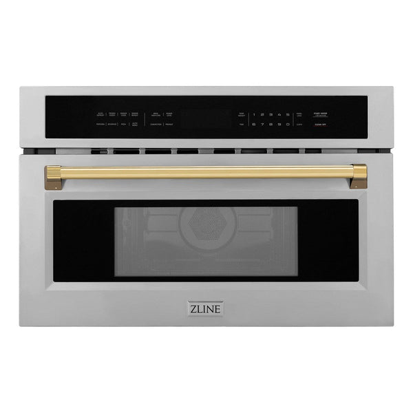 ZLINE Autograph Edition 30 in. 1.6 cu ft. Built-in Convection Microwave Oven in Stainless Steel with Polished Gold Accents (MWOZ-30-G) front.