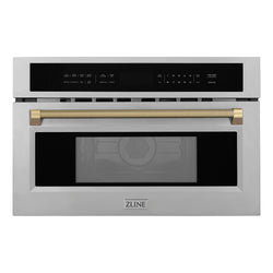 ZLINE Autograph Edition 30 in. 1.6 cu ft. Built-in Convection Microwave Oven in Stainless Steel and Champagne Bronze Helix Handle (MWOZ-30-KCB)