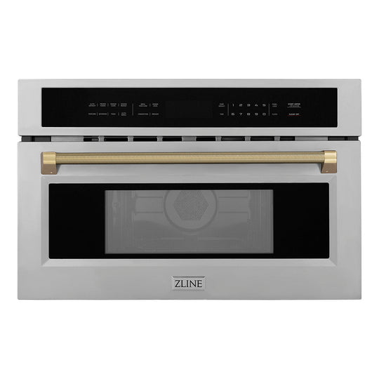 ZLINE Autograph Edition 30 in. 1.6 cu ft. Built-in Convection Microwave Oven in Stainless Steel and Champagne Bronze Helix Handle (MWOZ-30-KCB)