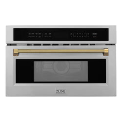 ZLINE Autograph Edition 30 in. 1.6 cu ft. Built-in Convection Microwave Oven in Stainless Steel and Polished Gold Helix Handle (MWOZ-30-KG)