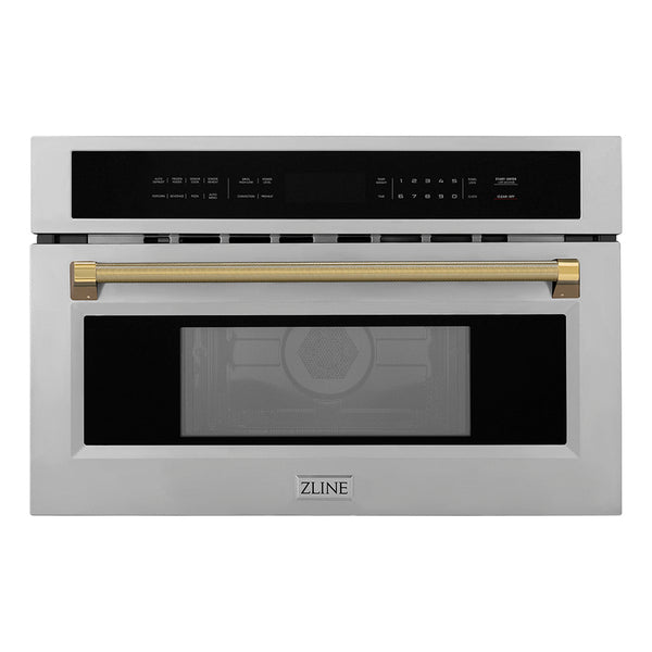 ZLINE Autograph Edition 30 in. 1.6 cu ft. Built-in Convection Microwave Oven in Stainless Steel and Polished Gold Helix Handle (MWOZ-30-KG)