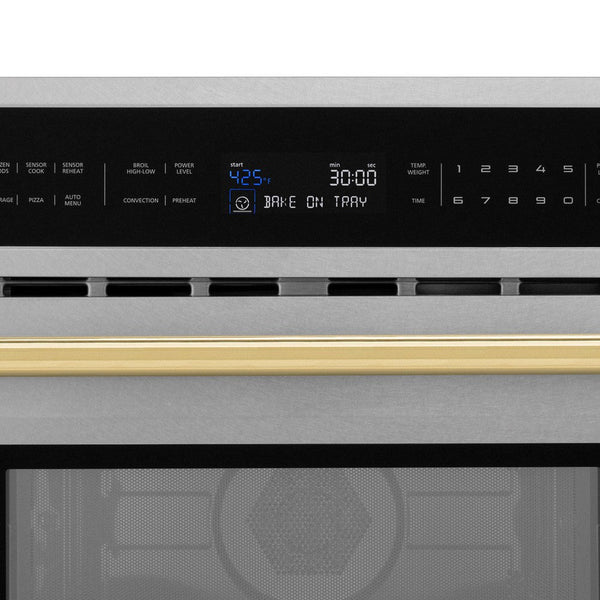 ZLINE Autograph Edition 30 in. 1.6 cu ft. Built-in Convection Microwave Oven in Fingerprint Resistant Stainless Steel with Polished Gold Accents (MWOZ-30-SS-G) close-up, LCD display with temperature and function selection.