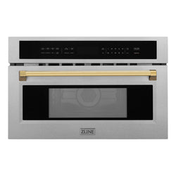 ZLINE Autograph Edition 30 in. 1.6 cu ft. Built-in Convection Microwave Oven in Fingerprint Resistant Stainless Steel with Polished Gold Accents (MWOZ-30-SS-G) front.