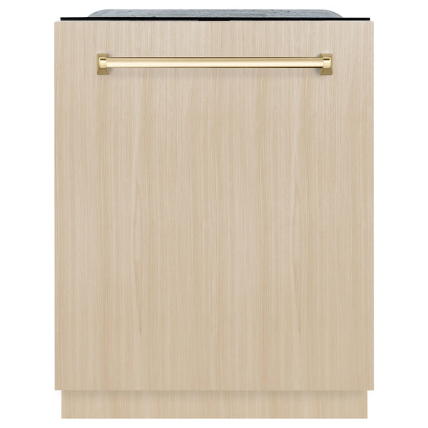 ZLINE Autograph Edition 24 in. Monument Series 3rd Rack Dishwasher with Auto Door Open Drying, 44dBa, Panel Ready with Polished Gold Handle (DWMTZ-24-G)